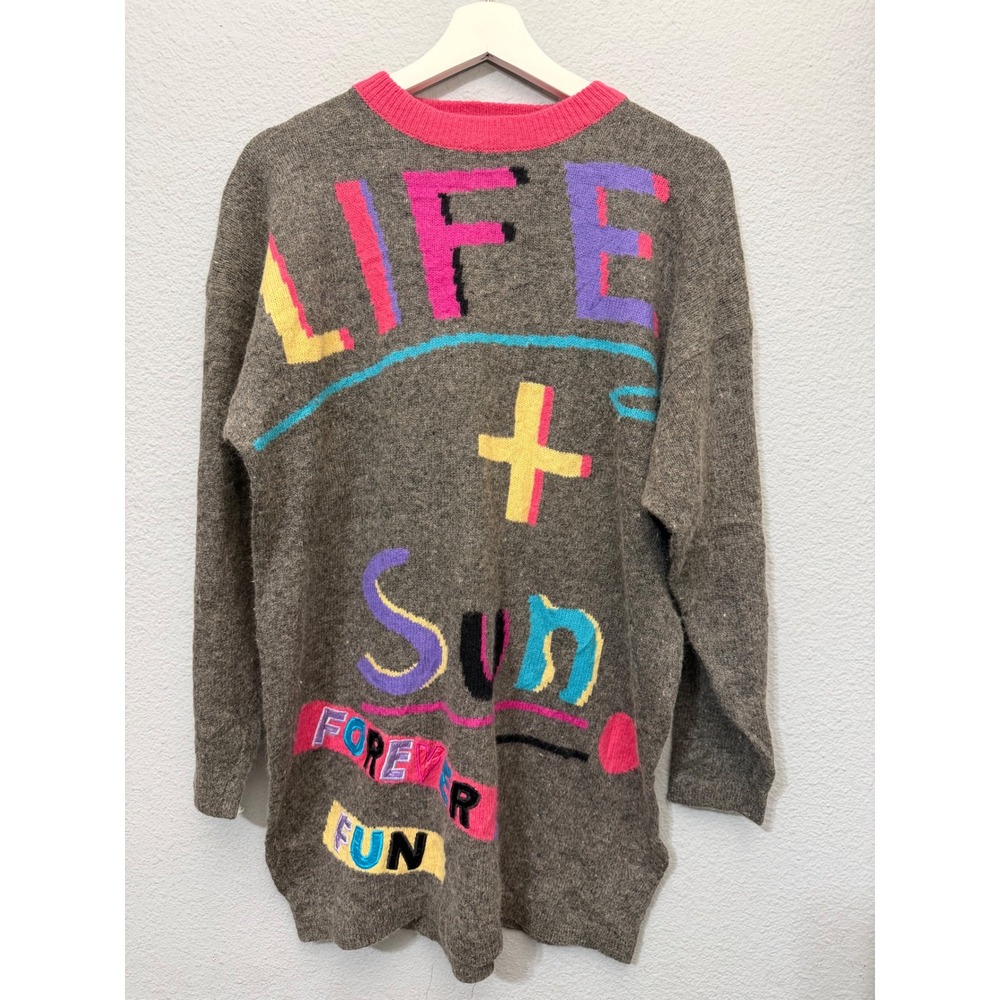 Vintage 80s Colours of the World Lambswool Angora Life Sun Forever Fun Sweater L
